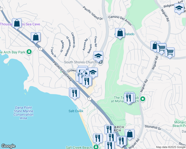 map of restaurants, bars, coffee shops, grocery stores, and more near 32900 Pacific Coast Highway in Dana Point