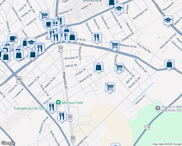 map of restaurants, bars, coffee shops, grocery stores, and more near 478 Bayne St SE in Orangeburg