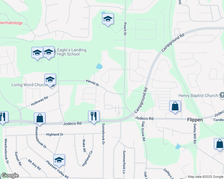map of restaurants, bars, coffee shops, grocery stores, and more near 156 Orchard Park Drive in McDonough