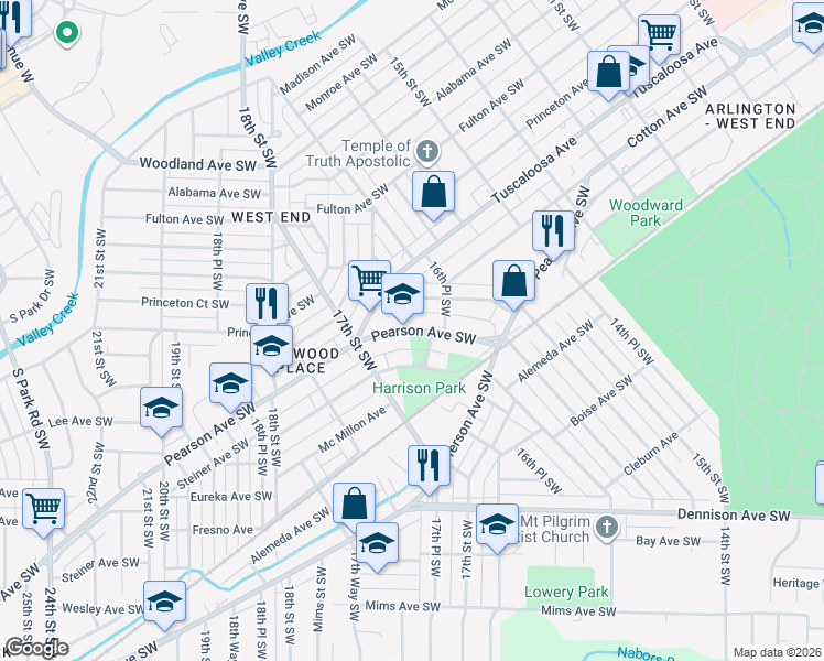 map of restaurants, bars, coffee shops, grocery stores, and more near Steiner Alley in Birmingham