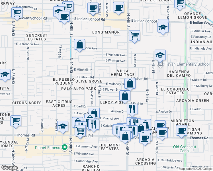 map of restaurants, bars, coffee shops, grocery stores, and more near 4227 East Flower Street in Phoenix