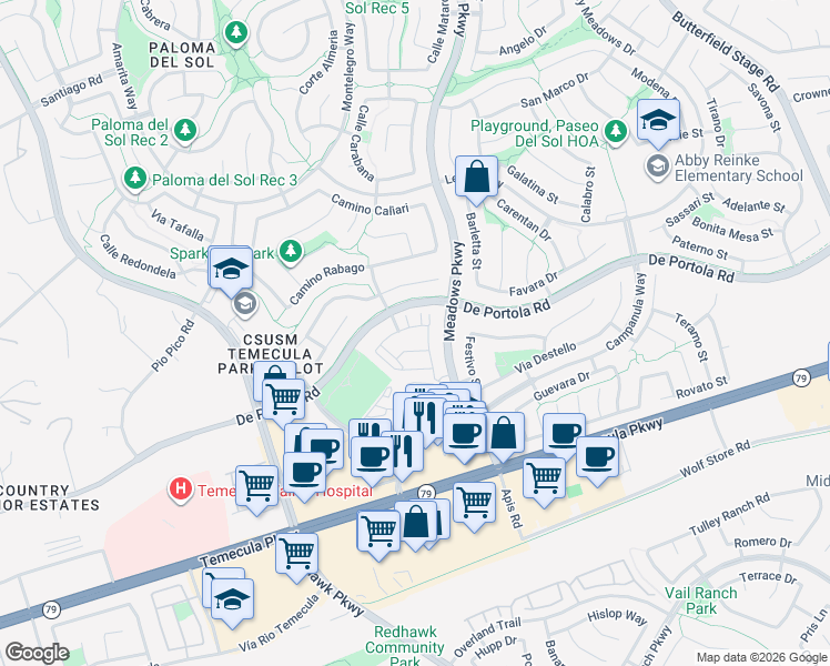 map of restaurants, bars, coffee shops, grocery stores, and more near 31813 Calle Mendocino in Temecula