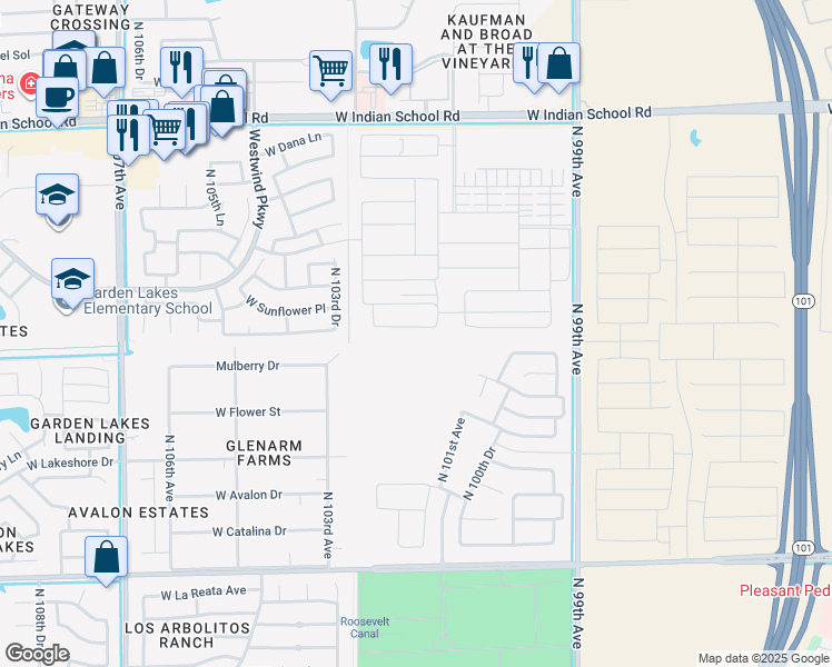 map of restaurants, bars, coffee shops, grocery stores, and more near 3323 North 103rd Avenue in Avondale