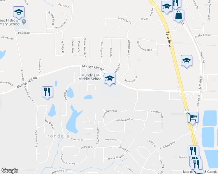 map of restaurants, bars, coffee shops, grocery stores, and more near 1251 Mundys Mill Road in Jonesboro