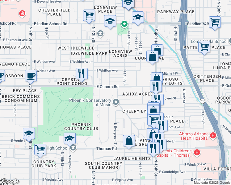 map of restaurants, bars, coffee shops, grocery stores, and more near 3315 North Randolph Road in Phoenix