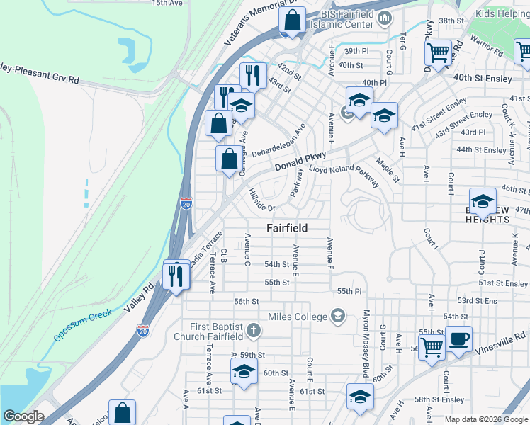 map of restaurants, bars, coffee shops, grocery stores, and more near 328 52nd Street Ensley in Fairfield