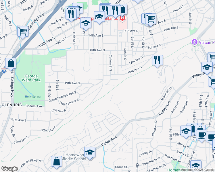 map of restaurants, bars, coffee shops, grocery stores, and more near 101 Penthouse Drive in Birmingham