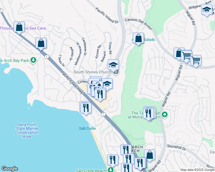 map of restaurants, bars, coffee shops, grocery stores, and more near 23277 Atlantis Way in Dana Point
