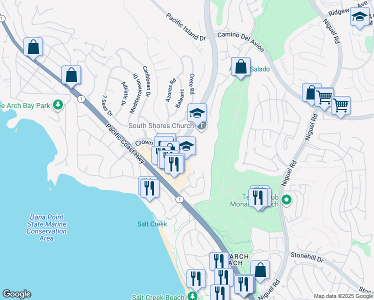 map of restaurants, bars, coffee shops, grocery stores, and more near 23248 Atlantis Way in Dana Point