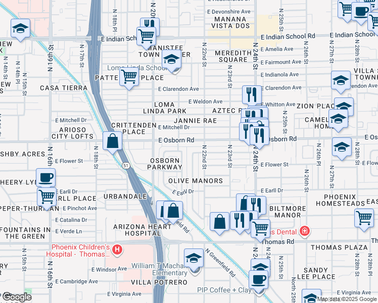 map of restaurants, bars, coffee shops, grocery stores, and more near 3223 North 21st Street in Phoenix