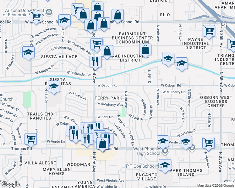 map of restaurants, bars, coffee shops, grocery stores, and more near 4137 West Flower Street in Phoenix