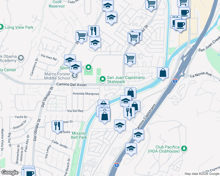 map of restaurants, bars, coffee shops, grocery stores, and more near 26151 Paseo Marbella in San Juan Capistrano