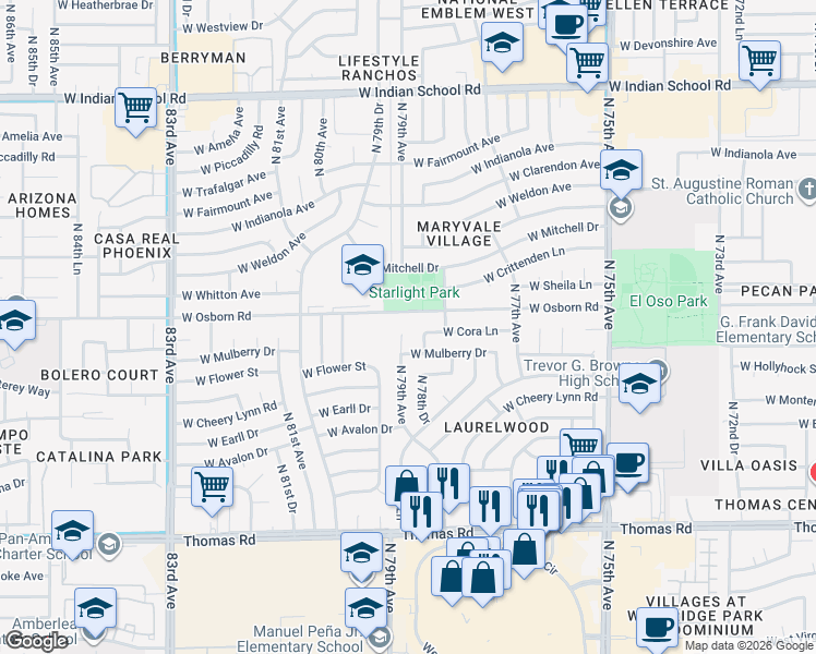 map of restaurants, bars, coffee shops, grocery stores, and more near 7836 West Mulberry Drive in Phoenix