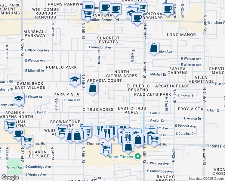 map of restaurants, bars, coffee shops, grocery stores, and more near 3220 North 38th Street in Phoenix