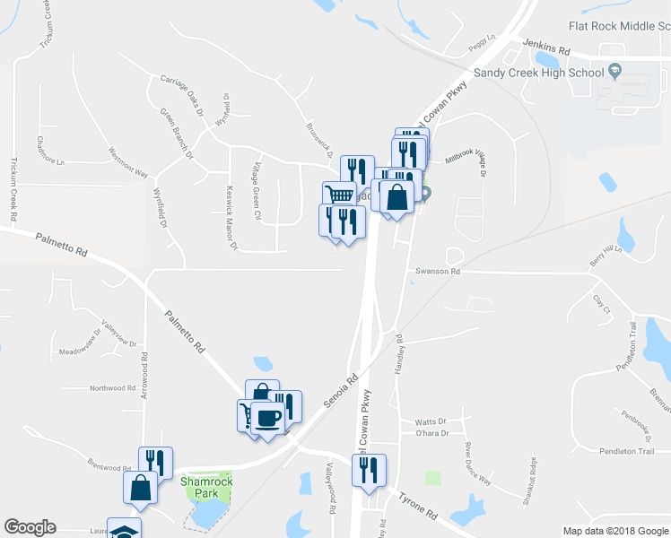map of restaurants, bars, coffee shops, grocery stores, and more near 595 Spencer Road in Tyrone