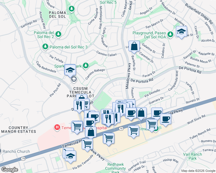 map of restaurants, bars, coffee shops, grocery stores, and more near 32105 De Portola Road in Temecula