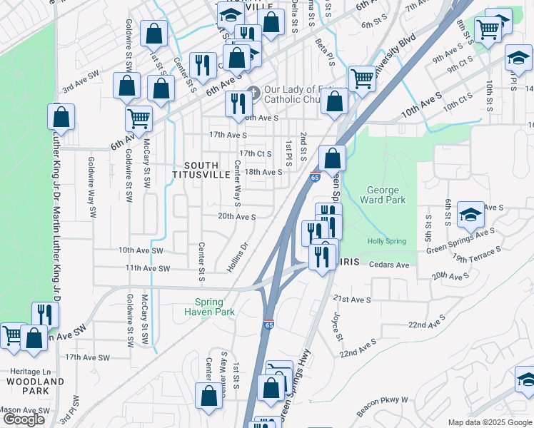 map of restaurants, bars, coffee shops, grocery stores, and more near 2005 Hollins Drive in Birmingham