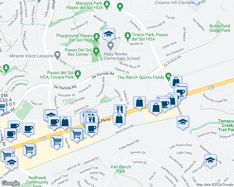 map of restaurants, bars, coffee shops, grocery stores, and more near 43113 Teramo Street in Temecula