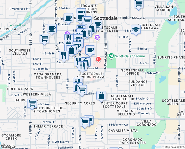 map of restaurants, bars, coffee shops, grocery stores, and more near 7331 East Osborn Road in Scottsdale