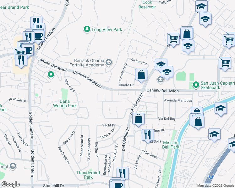 map of restaurants, bars, coffee shops, grocery stores, and more near 25442 Charro Drive in San Juan Capistrano
