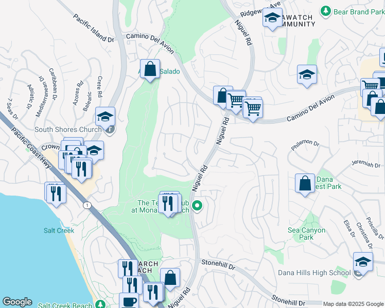 map of restaurants, bars, coffee shops, grocery stores, and more near 40 Corniche Drive in Dana Point