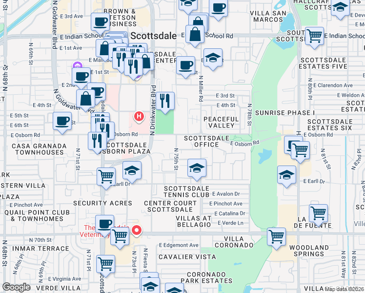 map of restaurants, bars, coffee shops, grocery stores, and more near 7503 East Osborn Road in Scottsdale