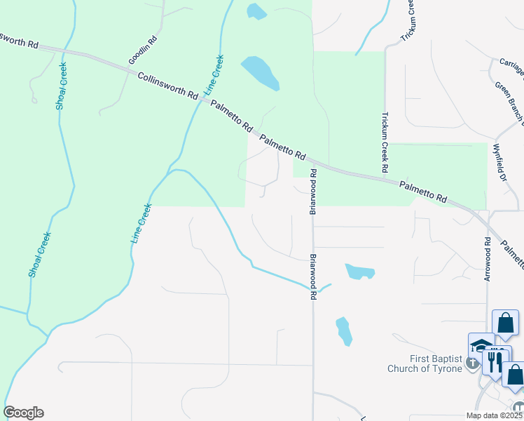 map of restaurants, bars, coffee shops, grocery stores, and more near 215 Montego Trail in Tyrone