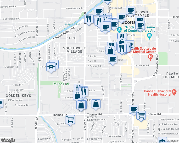 map of restaurants, bars, coffee shops, grocery stores, and more near 3313 North 68th Street in Scottsdale