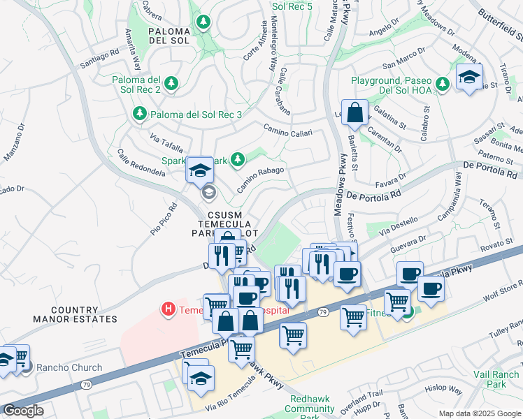map of restaurants, bars, coffee shops, grocery stores, and more near 32046 Calle Caballos in Temecula