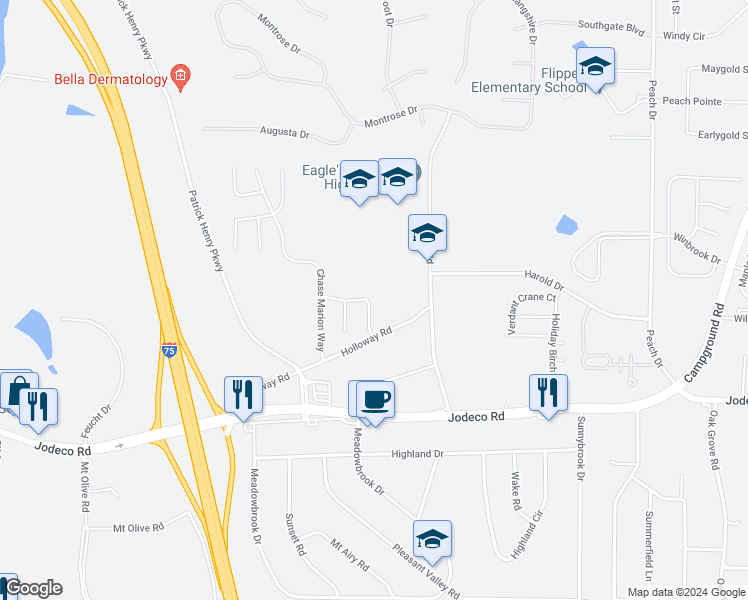 map of restaurants, bars, coffee shops, grocery stores, and more near 120 Eagle's Crest Lane in McDonough