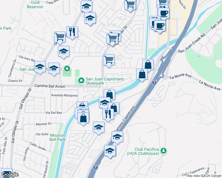 map of restaurants, bars, coffee shops, grocery stores, and more near 79 Alipaz Street in San Juan Capistrano