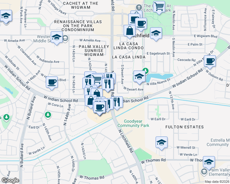 map of restaurants, bars, coffee shops, grocery stores, and more near 346 Ancora Drive West in Litchfield Park