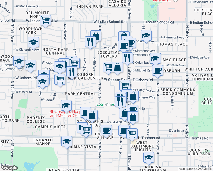 map of restaurants, bars, coffee shops, grocery stores, and more near 200 West Osborn Road in Phoenix