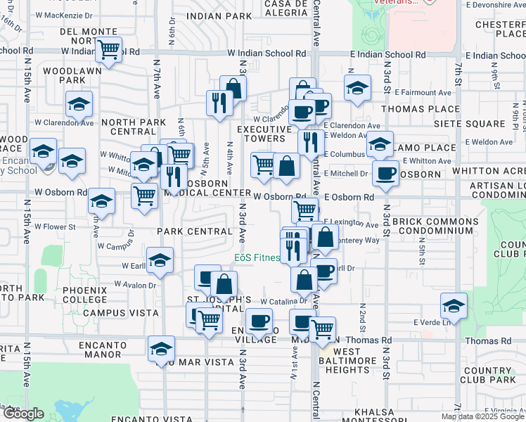 map of restaurants, bars, coffee shops, grocery stores, and more near 200 West Osborn Road in Phoenix