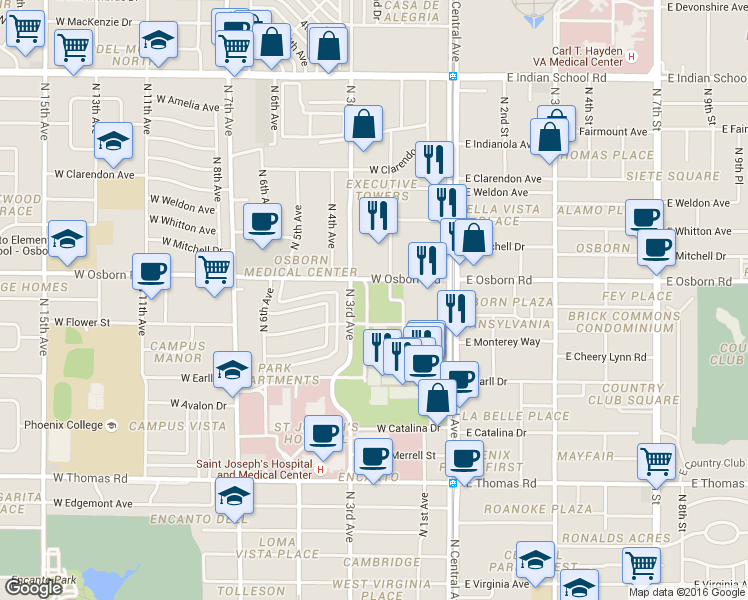map of restaurants, bars, coffee shops, grocery stores, and more near 200 West Osborn Road in Phoenix