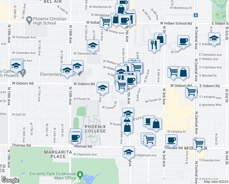 map of restaurants, bars, coffee shops, grocery stores, and more near 3350 North 7th Avenue in Phoenix