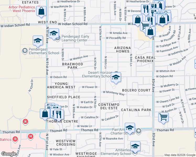 map of restaurants, bars, coffee shops, grocery stores, and more near 3408 North 87th Avenue in Phoenix