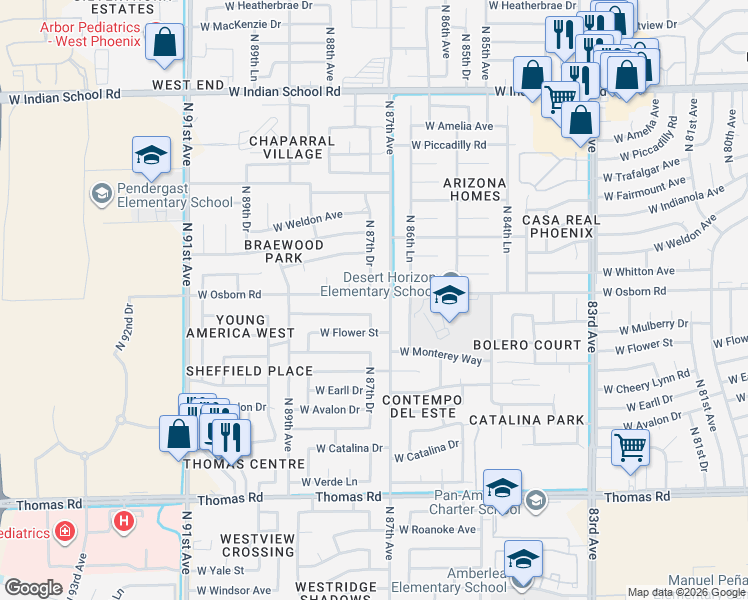 map of restaurants, bars, coffee shops, grocery stores, and more near 3408 North 87th Avenue in Phoenix