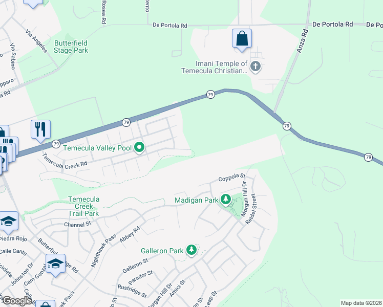 map of restaurants, bars, coffee shops, grocery stores, and more near 34115 Summit View Place in Temecula