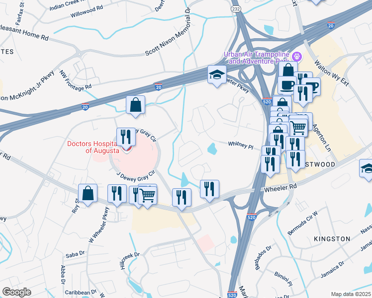 map of restaurants, bars, coffee shops, grocery stores, and more near 1372 Interstate Parkway in Augusta