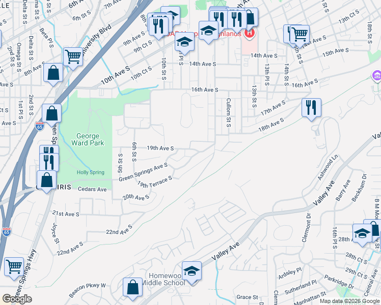 map of restaurants, bars, coffee shops, grocery stores, and more near 1042 19th Avenue South in Birmingham