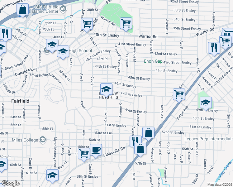 map of restaurants, bars, coffee shops, grocery stores, and more near 1045 46th Street Ensley in Birmingham