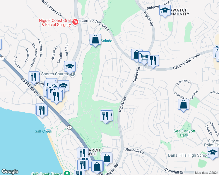 map of restaurants, bars, coffee shops, grocery stores, and more near 25 Ville Franche in Dana Point