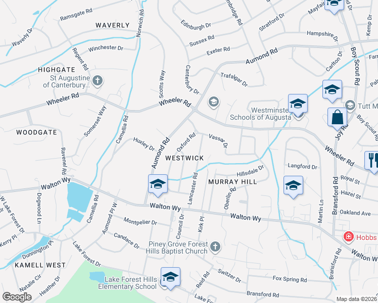 map of restaurants, bars, coffee shops, grocery stores, and more near 738 Oxford Road in Augusta