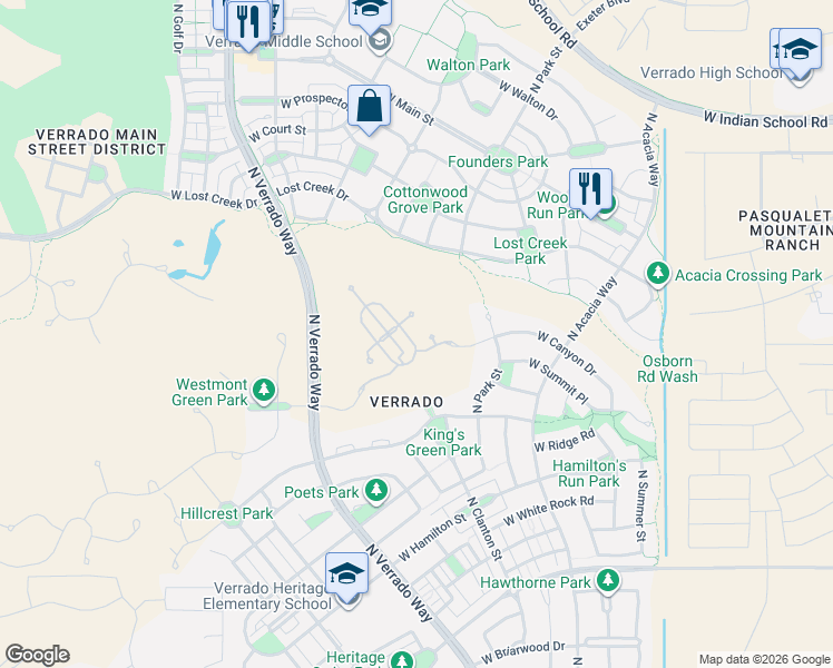 map of restaurants, bars, coffee shops, grocery stores, and more near 20761 West Wolfberry Place in Buckeye