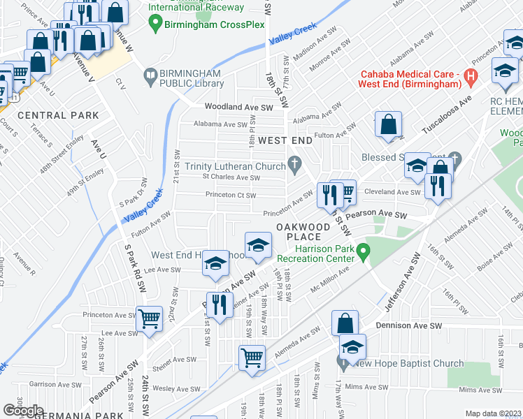 map of restaurants, bars, coffee shops, grocery stores, and more near 1832 Princeton Avenue Southwest in Birmingham