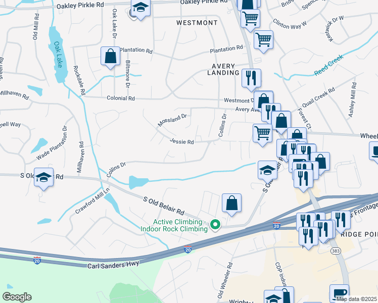 map of restaurants, bars, coffee shops, grocery stores, and more near 4514 Jessie Road in Augusta