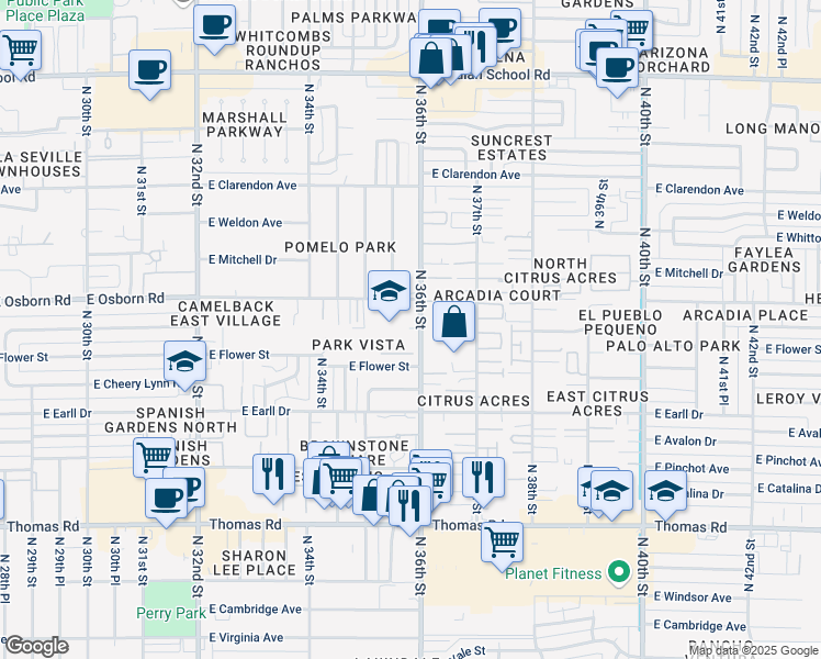map of restaurants, bars, coffee shops, grocery stores, and more near 3501 East Osborn Road in Phoenix