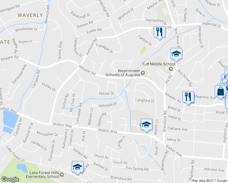map of restaurants, bars, coffee shops, grocery stores, and more near 604 Wellesley Drive in Augusta