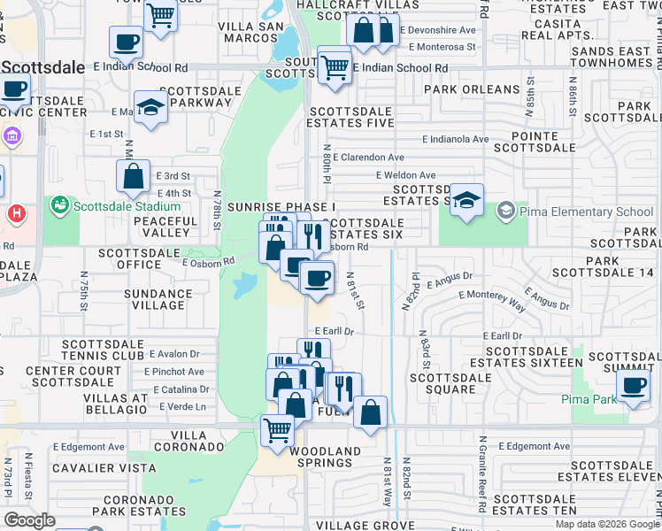 map of restaurants, bars, coffee shops, grocery stores, and more near 8021 East Osborn Road in Scottsdale